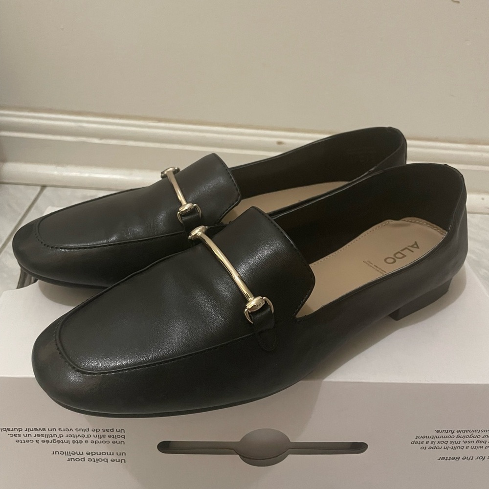 Aldo Black Leather Slip-On Loafers with Gold Accent